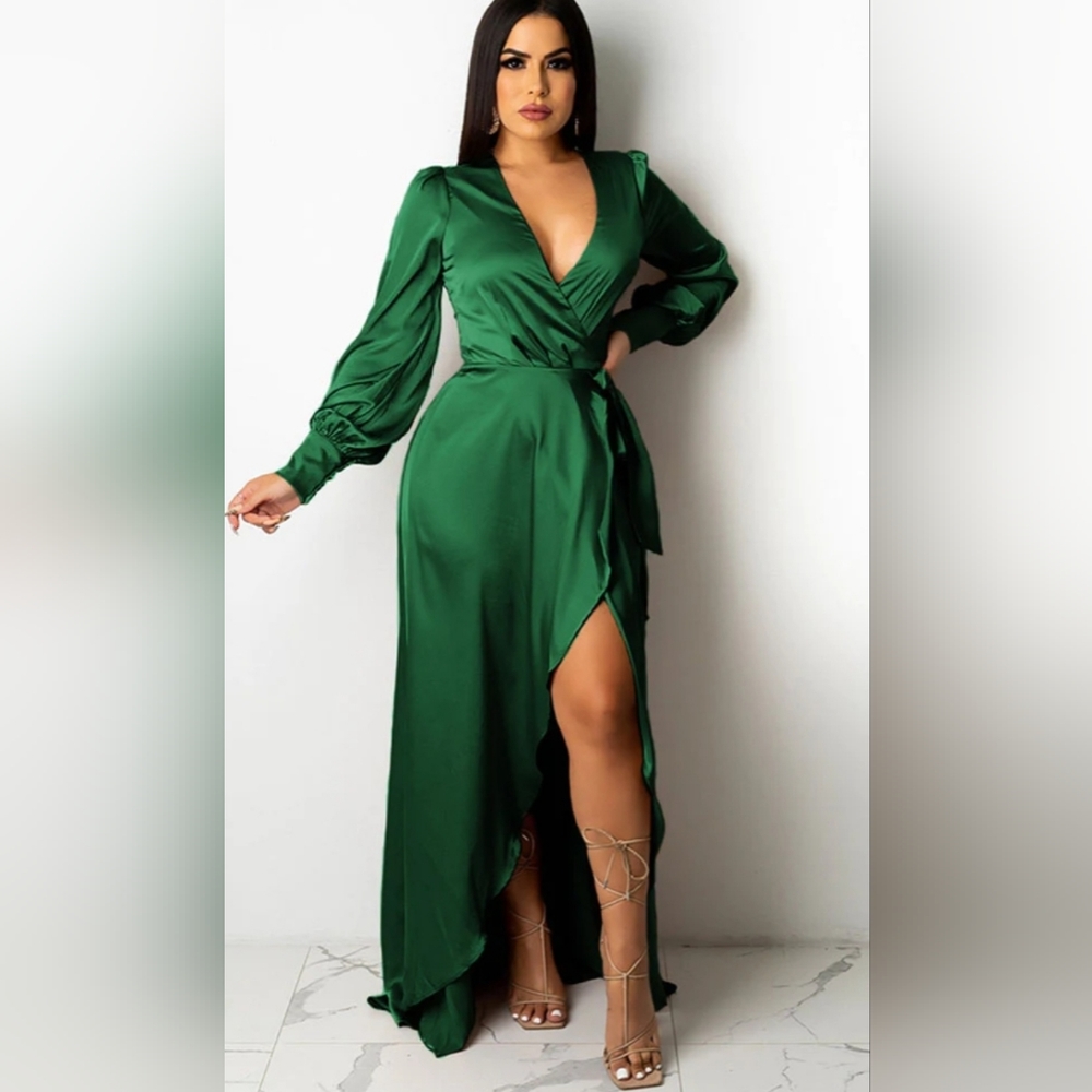 V Neck Long Sleeve Maxi Dress With Belt